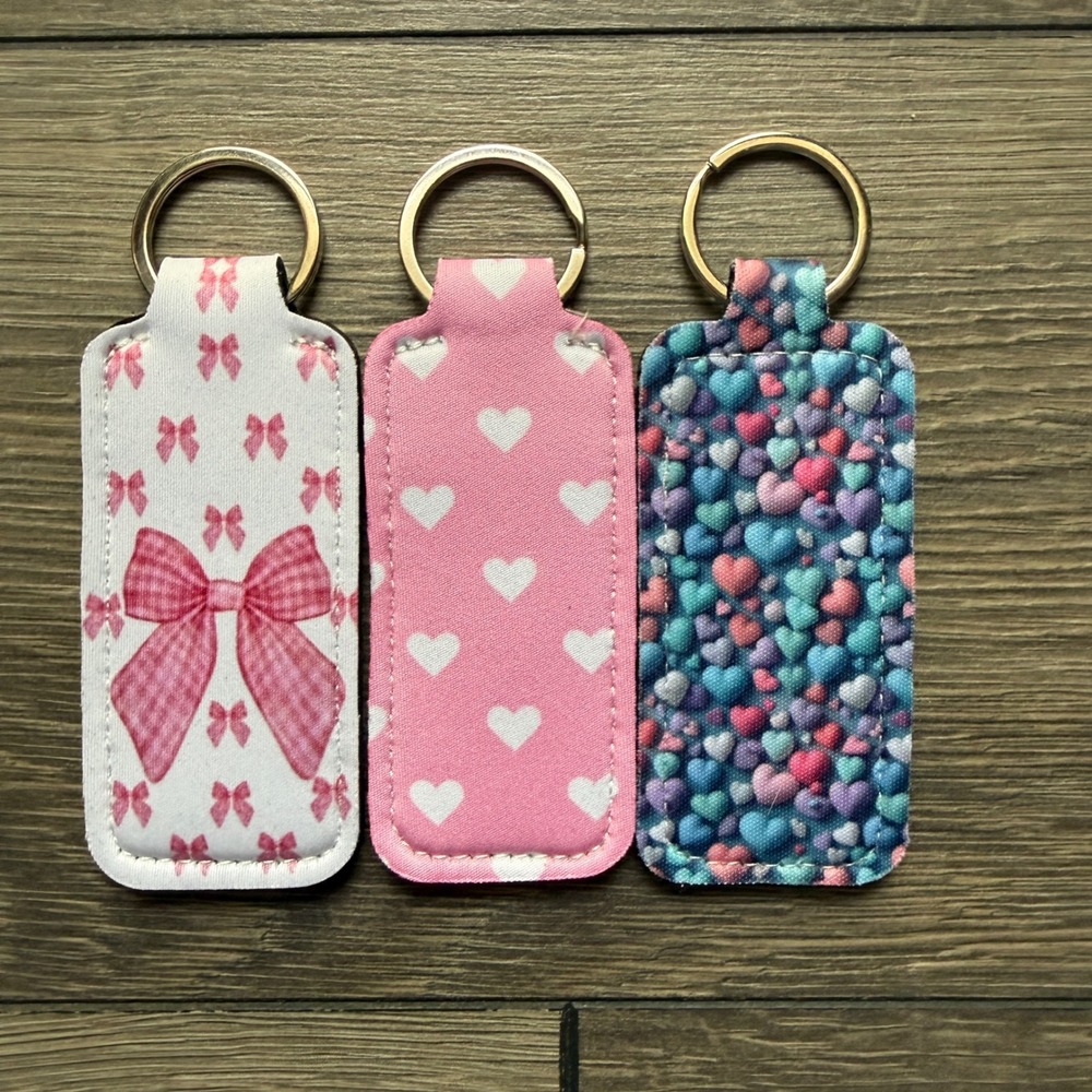 3pc Neoprene Chapstick Holder Keychain Set Pink Bows Hearts Lip Balm Sleeves